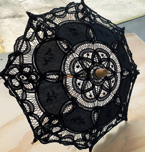 Black Battenburg Lace Parasols. Mine 7" ( 14" Full Open) - Click Image to Close